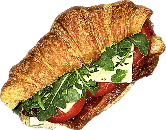 Fresh Croissant with Bacon, Egg White, Cheese, Tomato, and Spinach